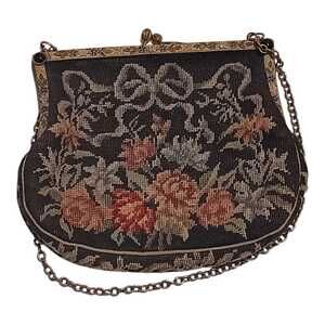 Vintage Austrian Petit‎ Point Floral Evening Bag Silk Lined Clutch Handbag Black